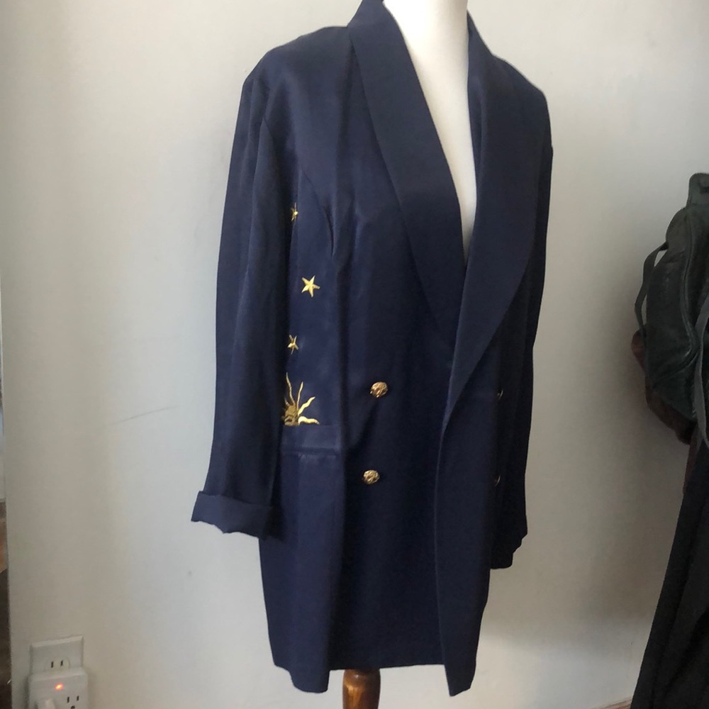 Oversized navy blazer with gold accents